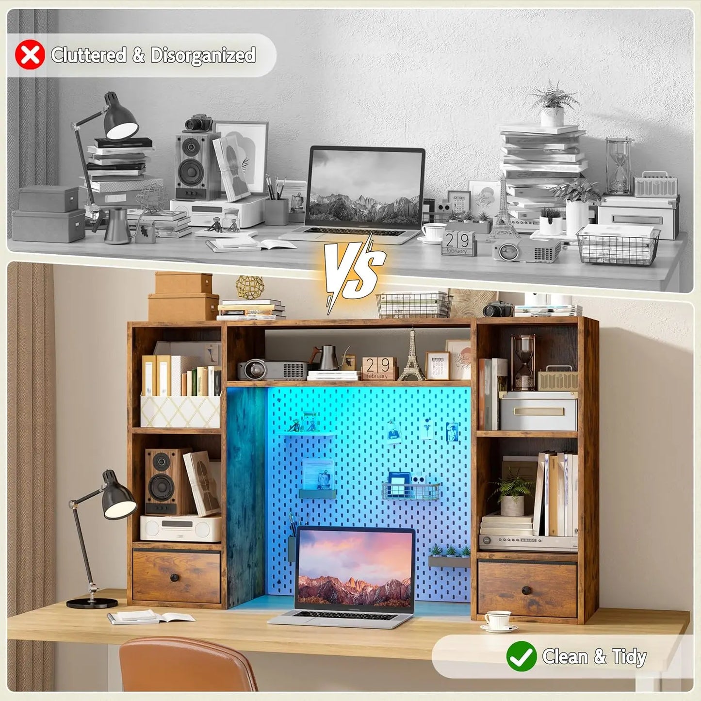 ZHILU Desktop Bookshelf With LED Lights For Desk Organizer