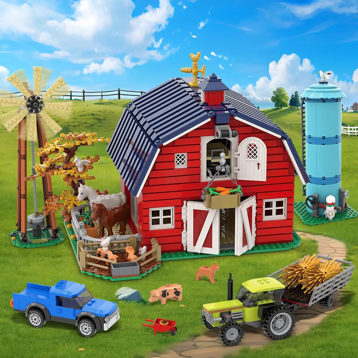 HOGOKIDS Farm Barn Building Set With Light Windmill Tractor Animals