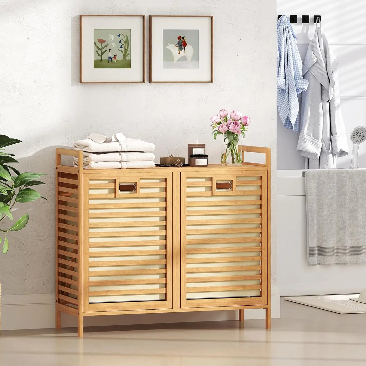 Tilt Out Bamboo Laundry Storage Hamper With Removable Bins