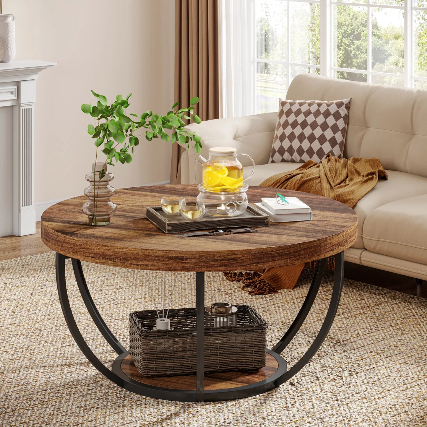 Tribesigns Round Coffee Table With Storage Shelves, Industrial Minimalist Wood