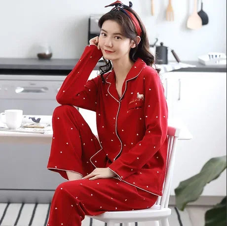 Guangdong Women Cotton Pajamas Set Button Down Nightwear