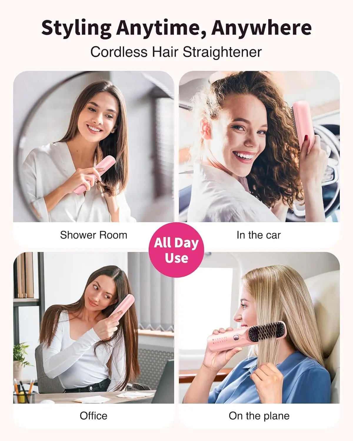 BOPCAL Cordless Hair Straightening Brush 450F Fast Heating 30s Travel