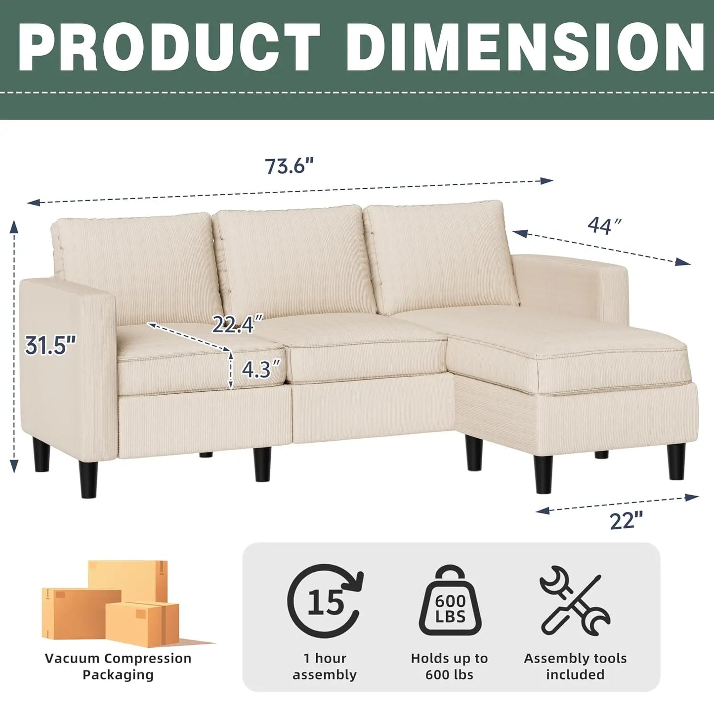 L Shaped Modular Sectional Sofa With Movable Ottoman Deep Seats