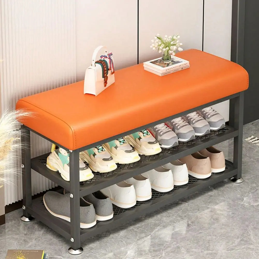Storage Shoe Bench With Metal Frame Cushioned Seat Organizer Bedroom
