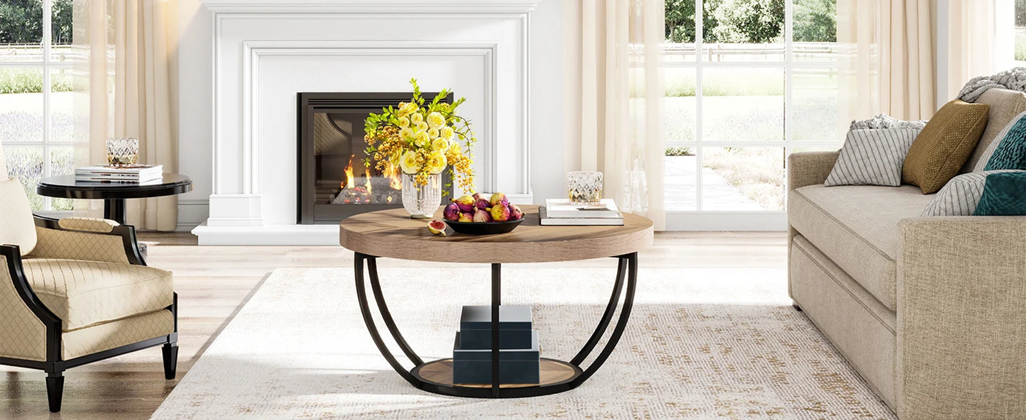 Tribesigns Round Coffee Table With Storage Shelves, Industrial Minimalist Wood