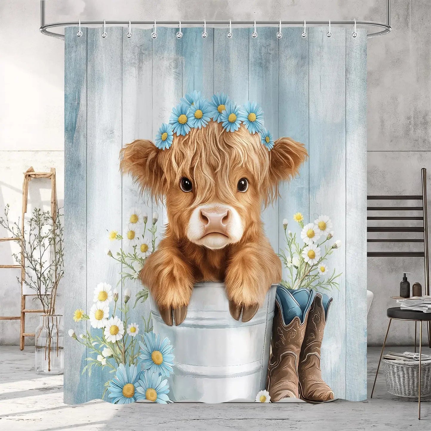 Western Highland Cow Shower Curtain Waterproof Farmhouse Decor