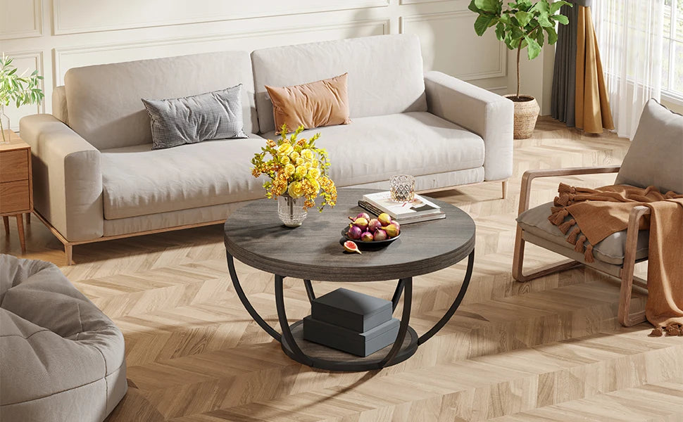 Tribesigns Round Coffee Table With Storage Shelves, Industrial Minimalist Wood