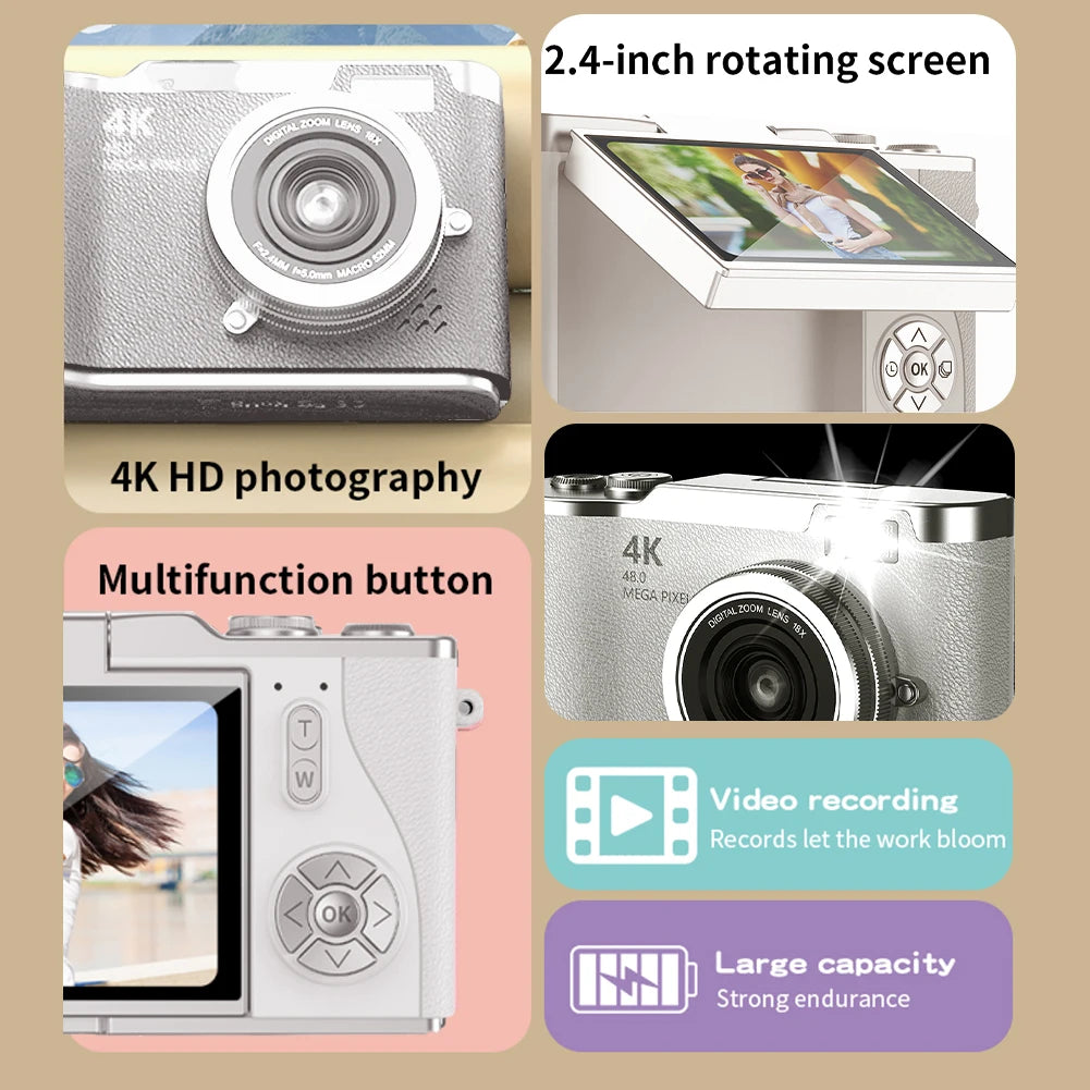 TAKEZERO 4K Digital Camera 48MP With 8X Zoom Flip Screen For Teens And Beginners