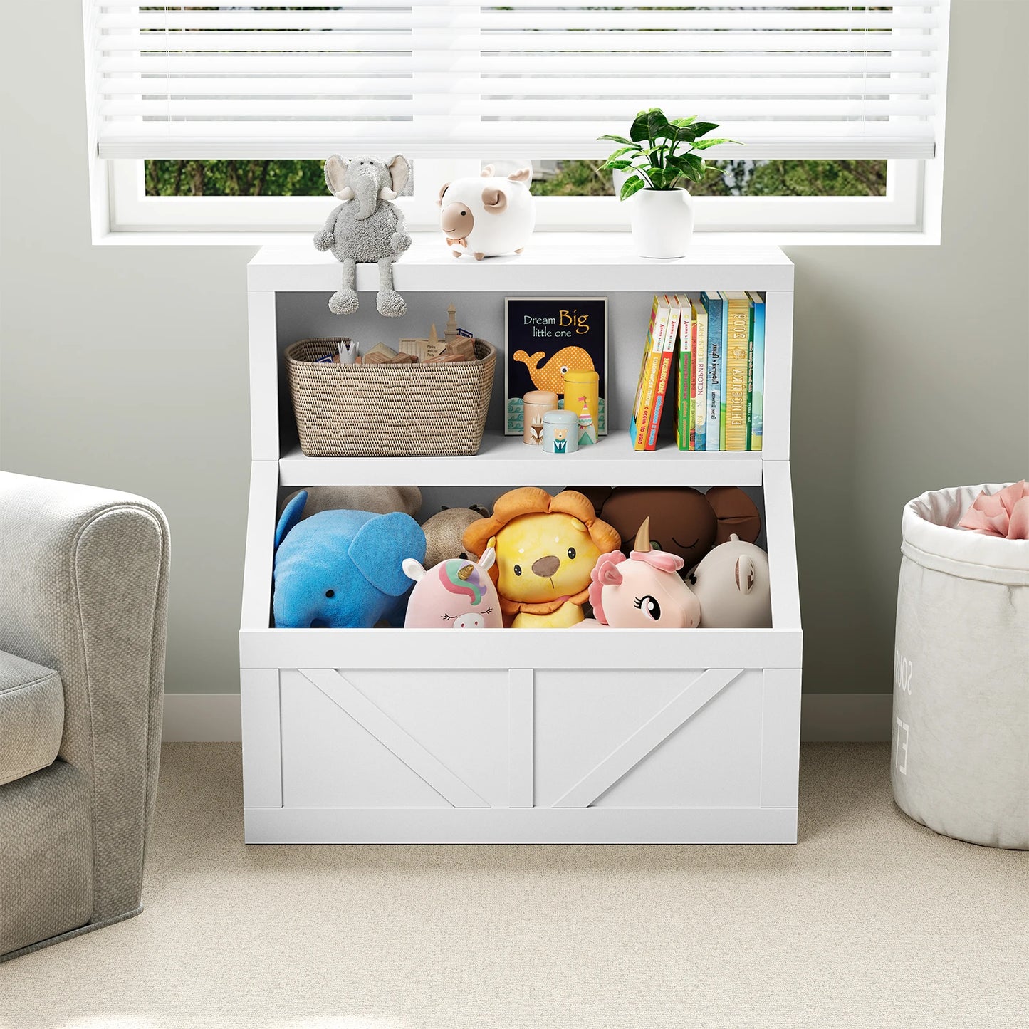 Wooden Kids Bookshelf With Cubby Toy Storage Organizer For Playroom