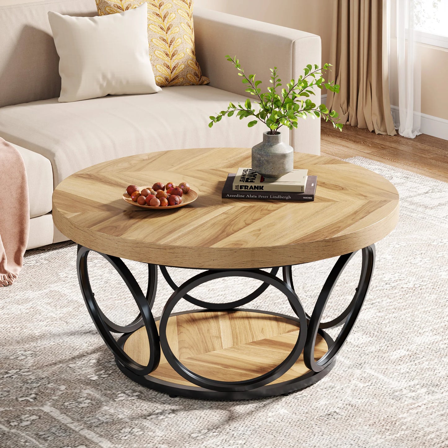 Tribesigns Round Coffee Table With Storage Shelves, Industrial Minimalist Wood