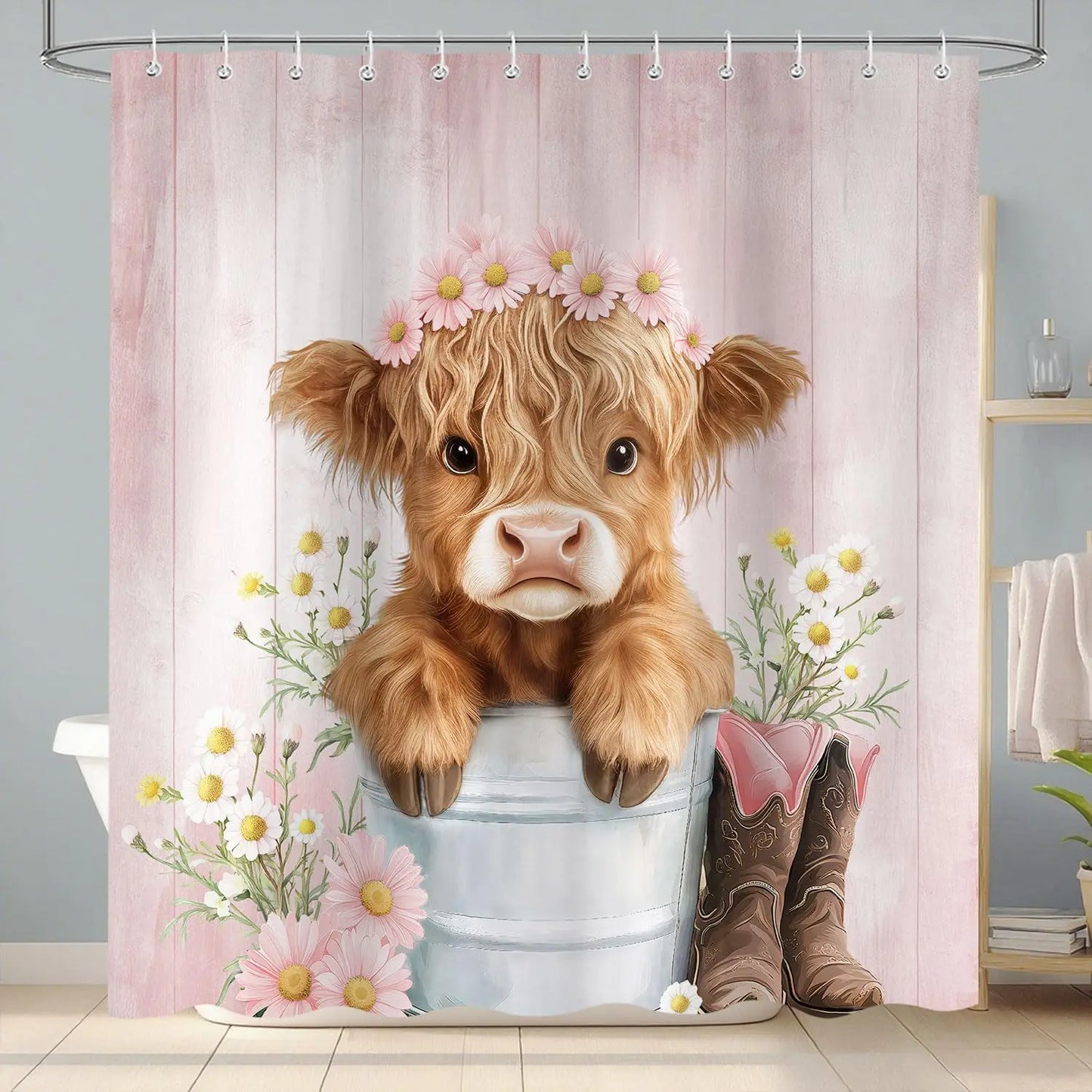 Western Highland Cow Shower Curtain Waterproof Farmhouse Decor