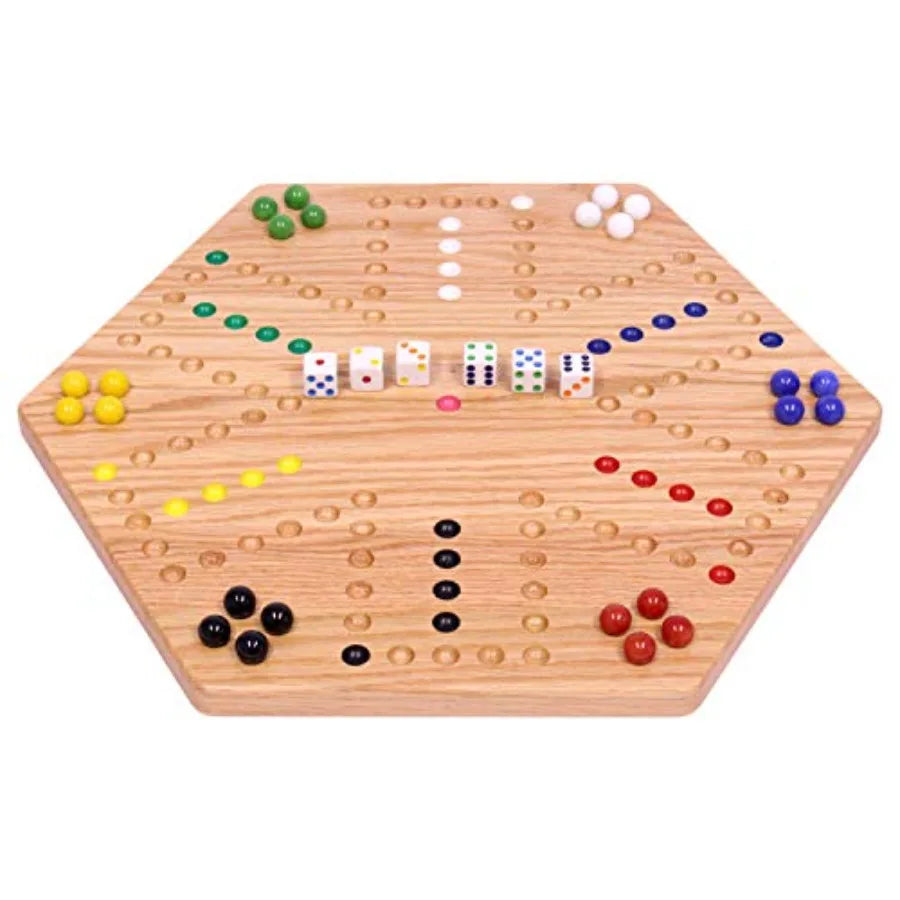 XMSJ Wahoo Marble Game Board Set Double Sided Oak Wood with Marbles and Dice For Indoor Use