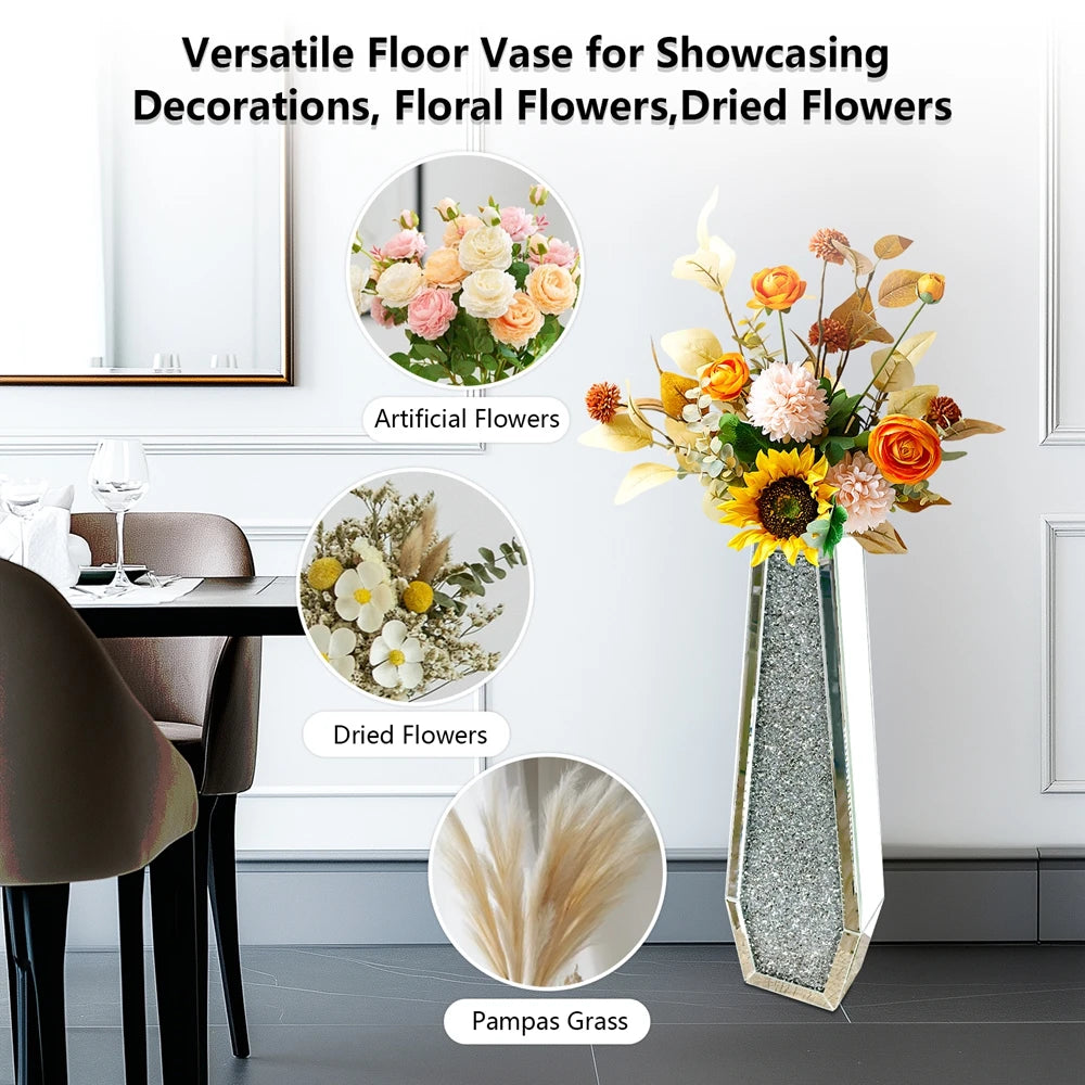 Luxury Crushed Diamond Mirrored Decorative Floor Glass Vase