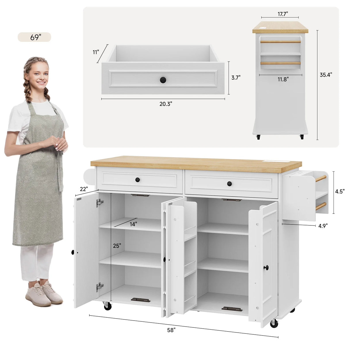 Rolling Kitchen Island Cart With Drop Leaf And Power Outlet