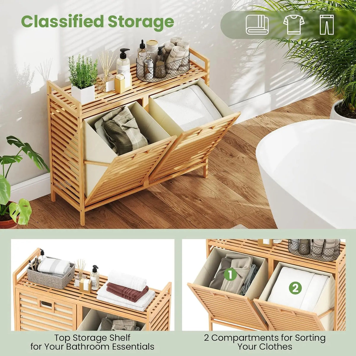 Tilt Out Bamboo Laundry Storage Hamper With Removable Bins