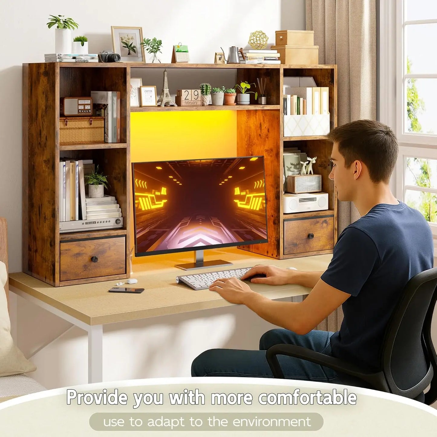 ZHILU Desktop Bookshelf With LED Lights For Desk Organizer