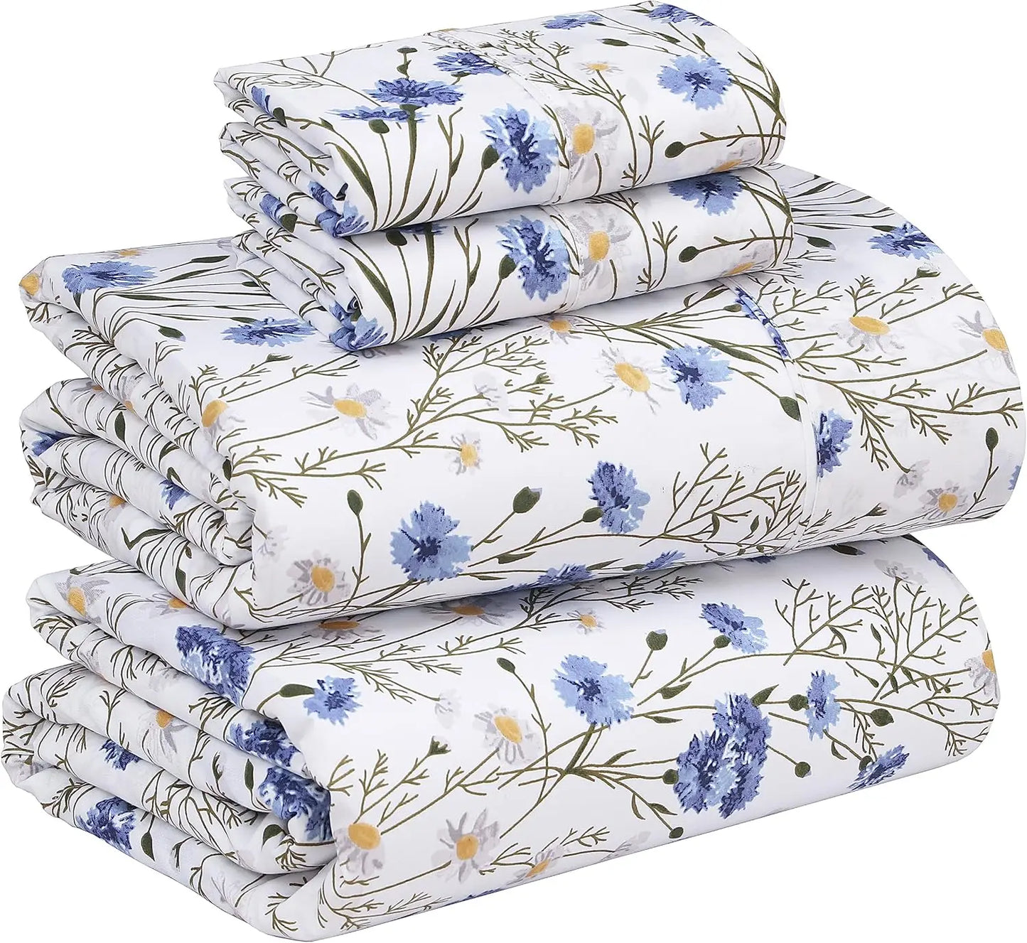 Cotton Percale Sheets Cooling Breathable Floral Design 4 Piece Set Deep Pocket