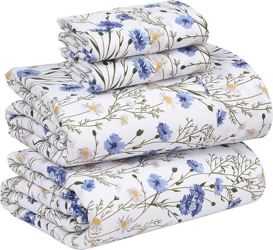 Cotton Percale Sheets Cooling Breathable Floral Design 4 Piece Set Deep Pocket