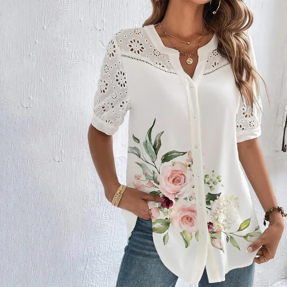 Icevoolen Lace Casual Women Shirt Loose Short Sleeve Blouse
