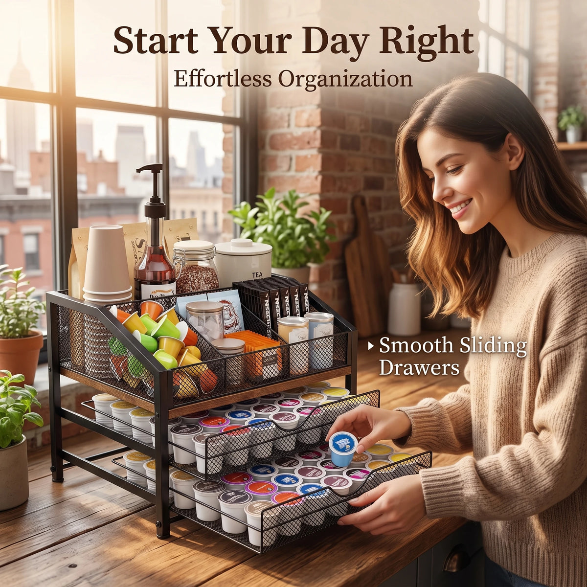Countertop Coffee Station Organizer with K Cup Pod Storage Basket