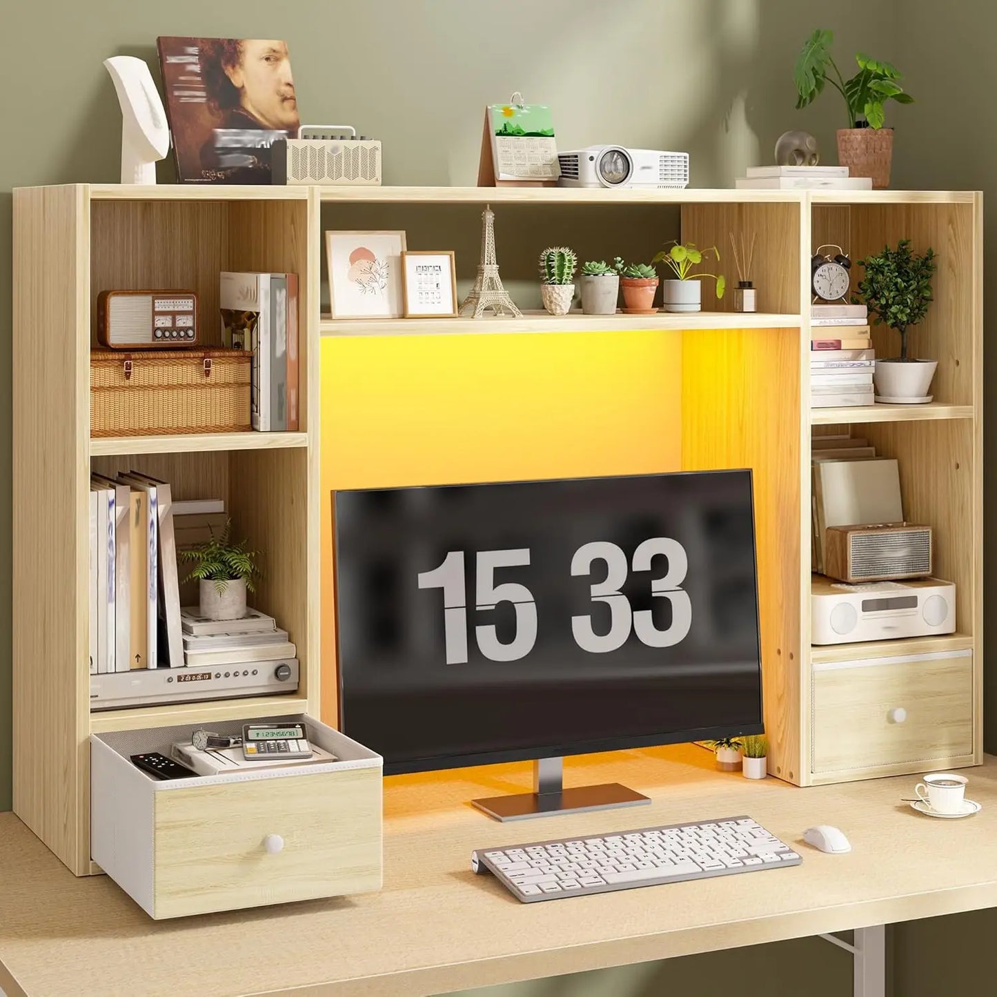 ZHILU Desktop Bookshelf With LED Lights For Desk Organizer