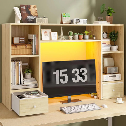 ZHILU Desktop Bookshelf With LED Lights For Desk Organizer
