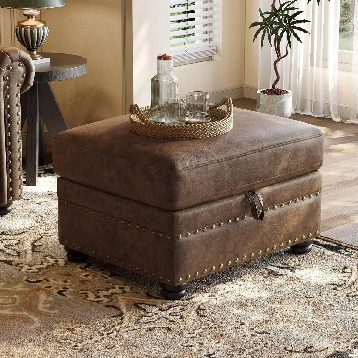 ONBRILL Faux Leather Storage Ottoman Lift Top Footstool with Hidden Storage