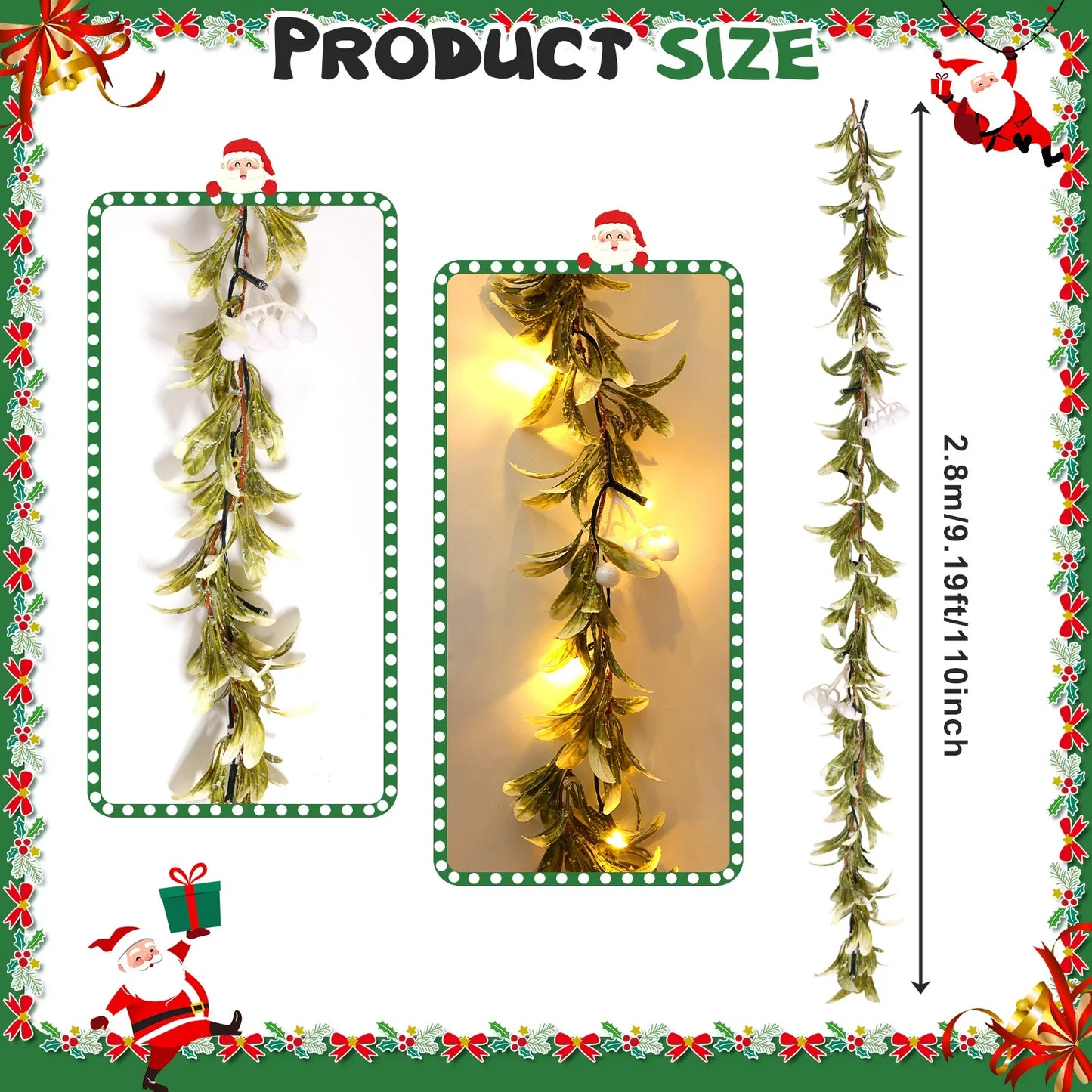 VKTECH Mistletoe Christmas Garland With Prelit Lights And Berry Accents