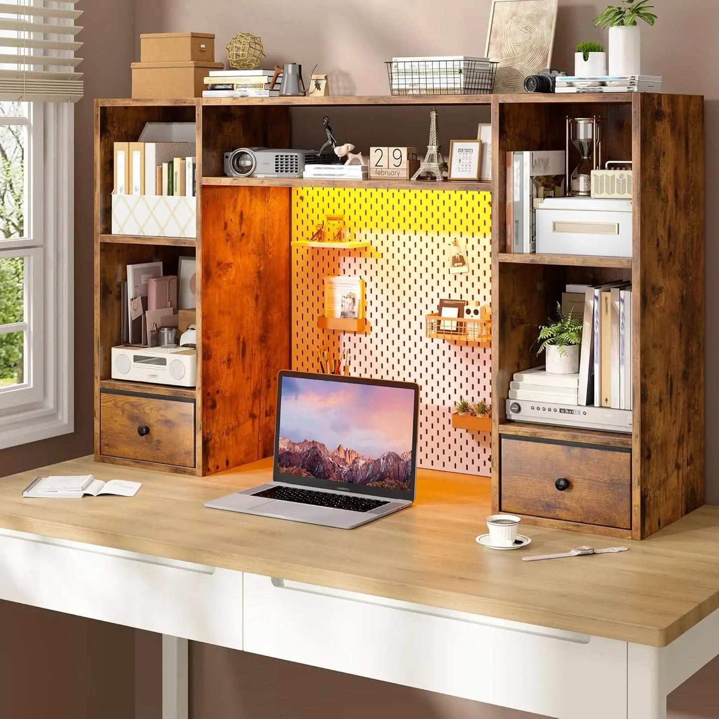 ZHILU Desktop Bookshelf With LED Lights For Desk Organizer