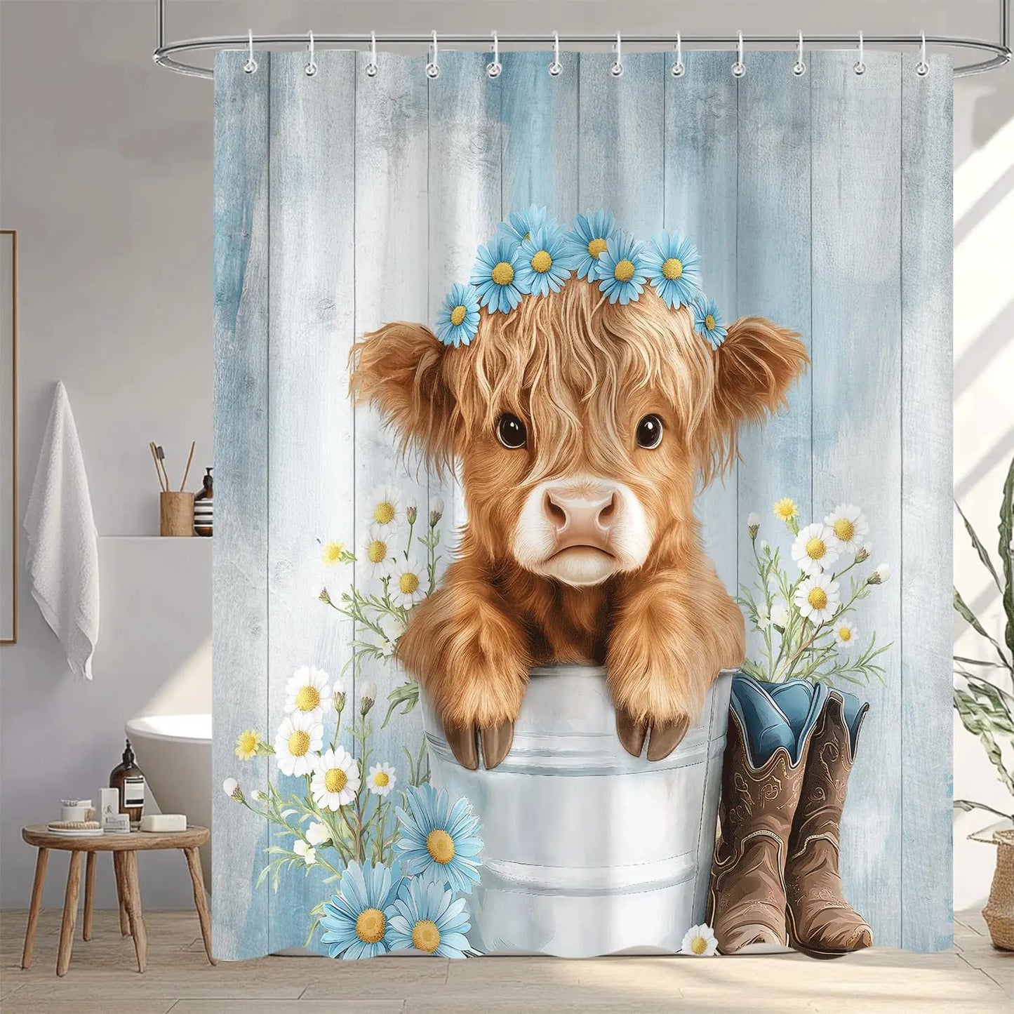 Western Highland Cow Shower Curtain Waterproof Farmhouse Decor