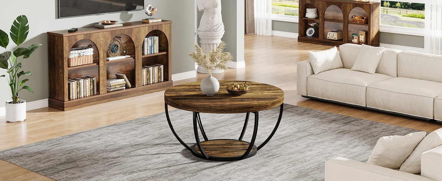 Tribesigns Round Coffee Table With Storage Shelves, Industrial Minimalist Wood