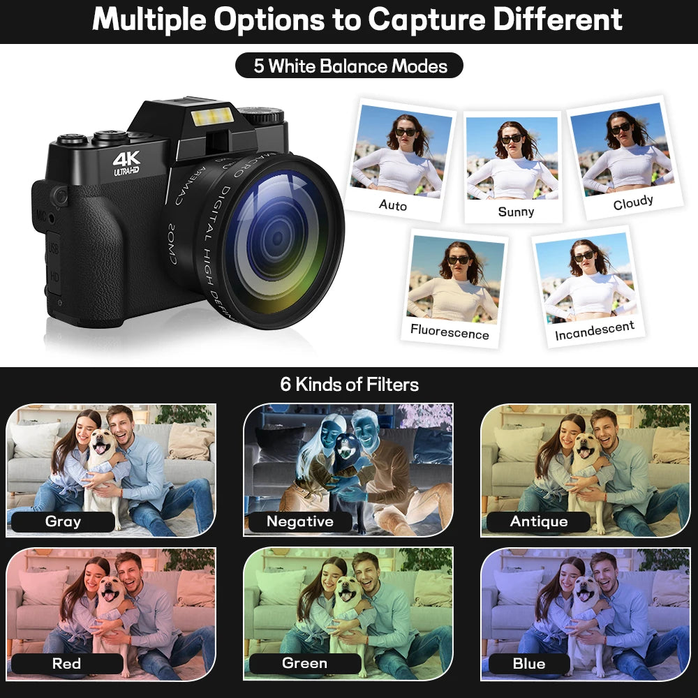 Gavonde 4K WiFi Webcam Camcorder With 64MP Flip Screen