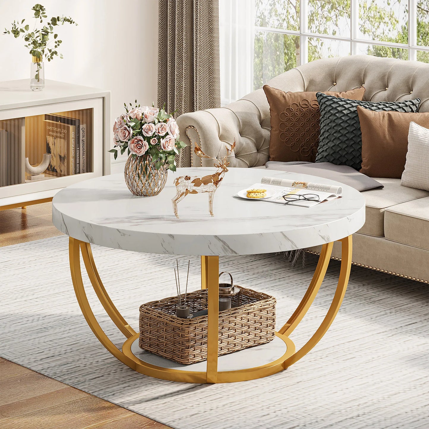 Tribesigns Round Coffee Table With Storage Shelves, Industrial Minimalist Wood