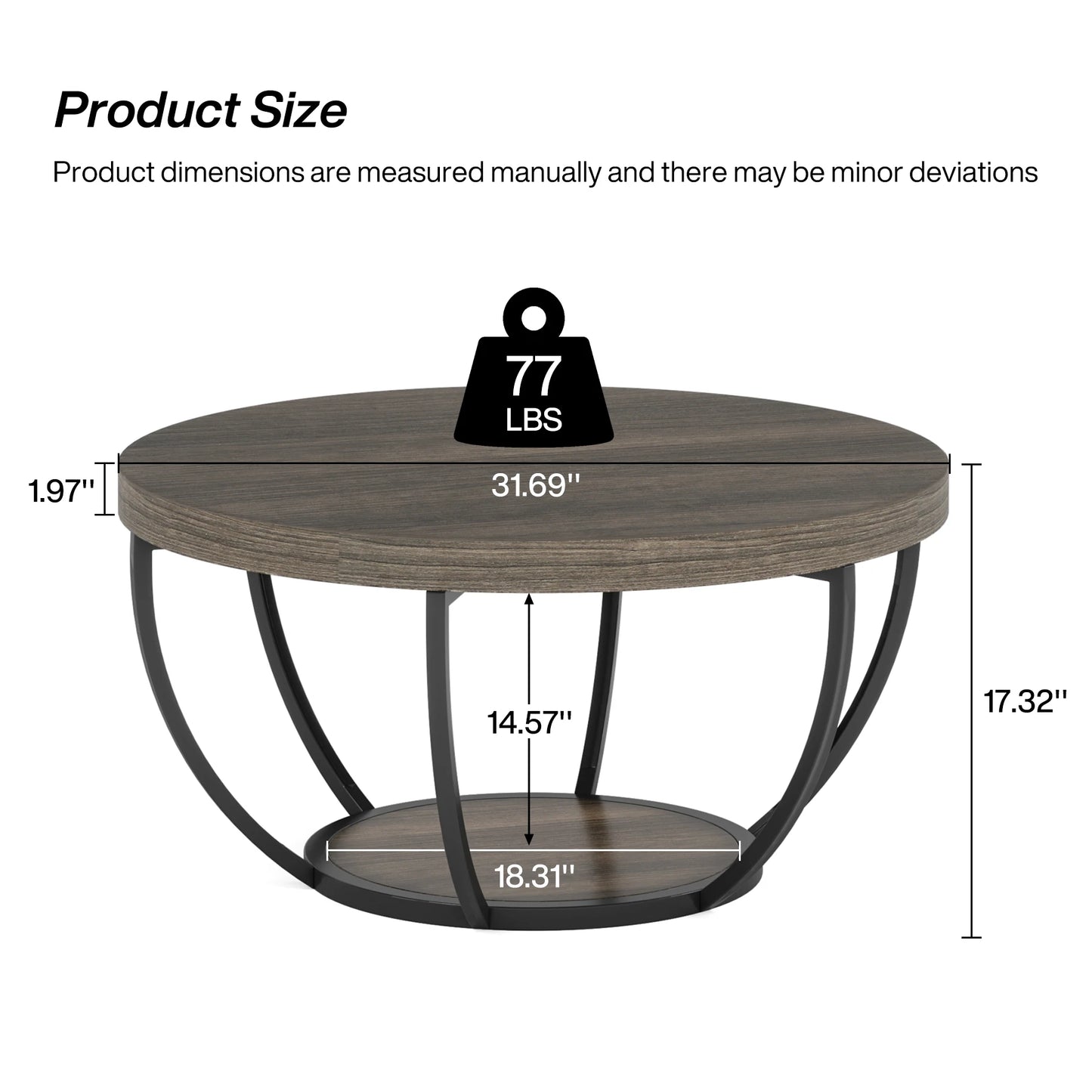Tribesigns Round Coffee Table With Storage Shelves, Industrial Minimalist Wood