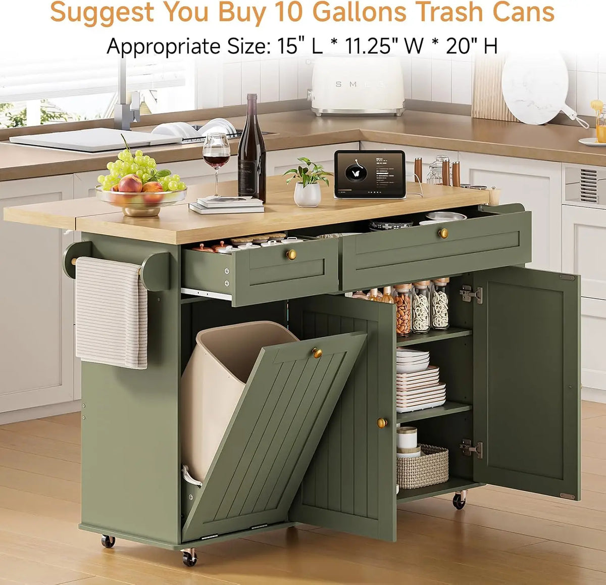 ONBRILL Rolling Kitchen Island With Drop Leaf Storage Power Station