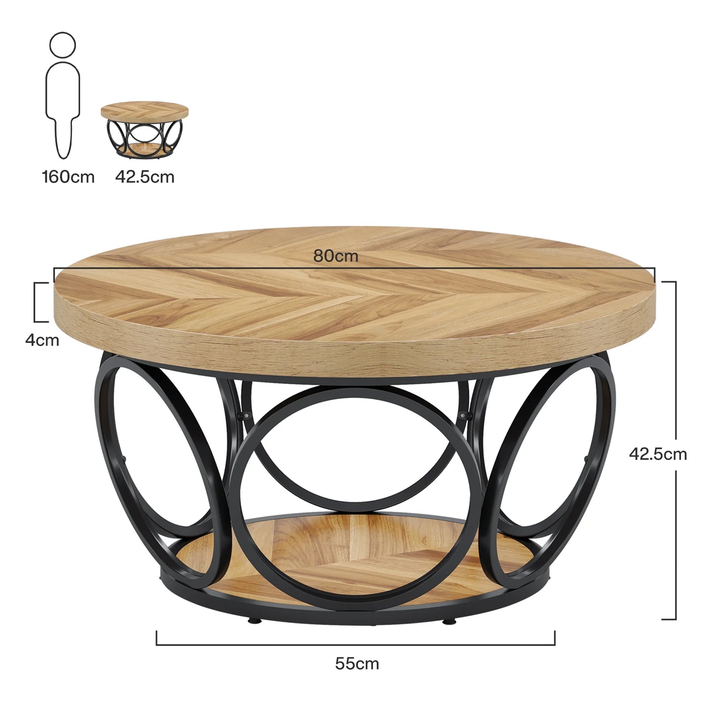 Tribesigns Round Coffee Table With Storage Shelves, Industrial Minimalist Wood