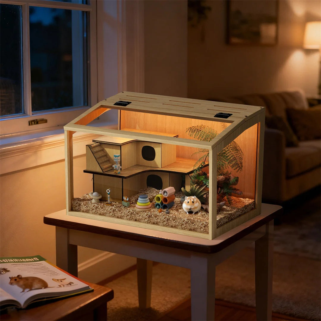 Wooden Hamster Cage Habitat with Glass Panels and LED Light