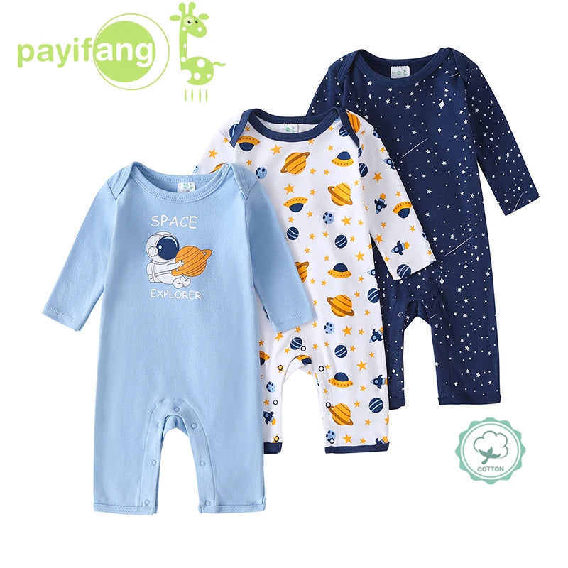 Baby Boy 3 Pack Cotton Long Sleeve Space Print Rompers