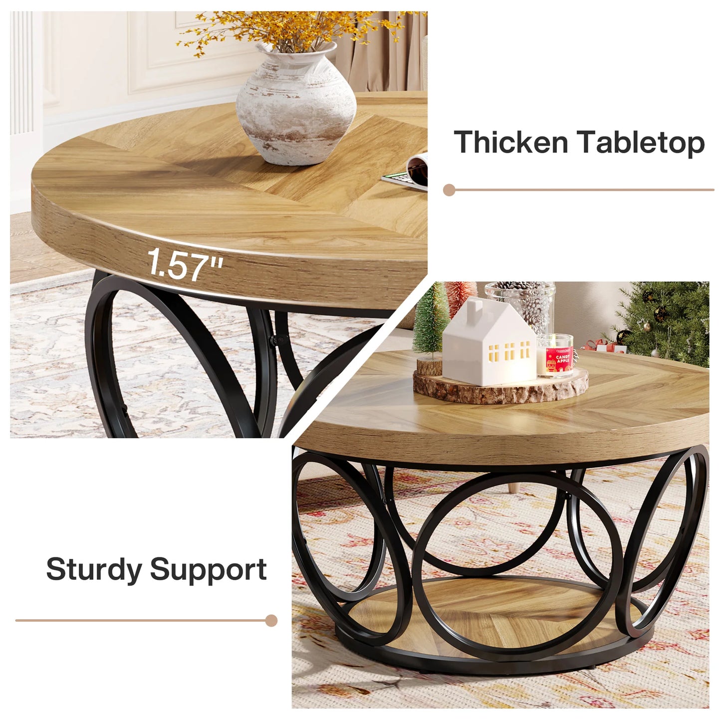 Tribesigns Round Coffee Table With Storage Shelves, Industrial Minimalist Wood