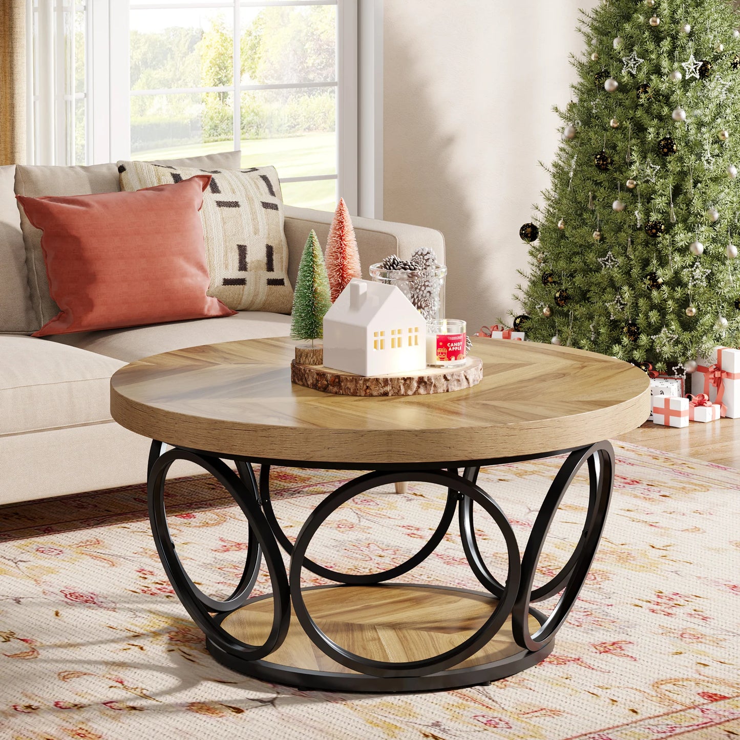 Tribesigns Round Coffee Table With Storage Shelves, Industrial Minimalist Wood