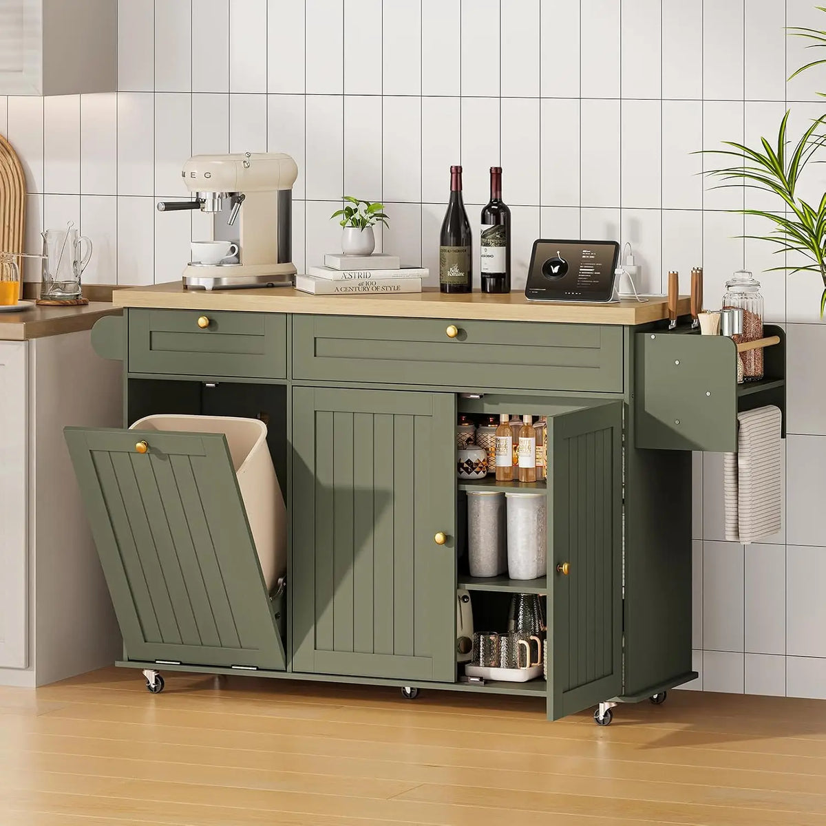 ONBRILL Rolling Kitchen Island With Drop Leaf Storage Power Station