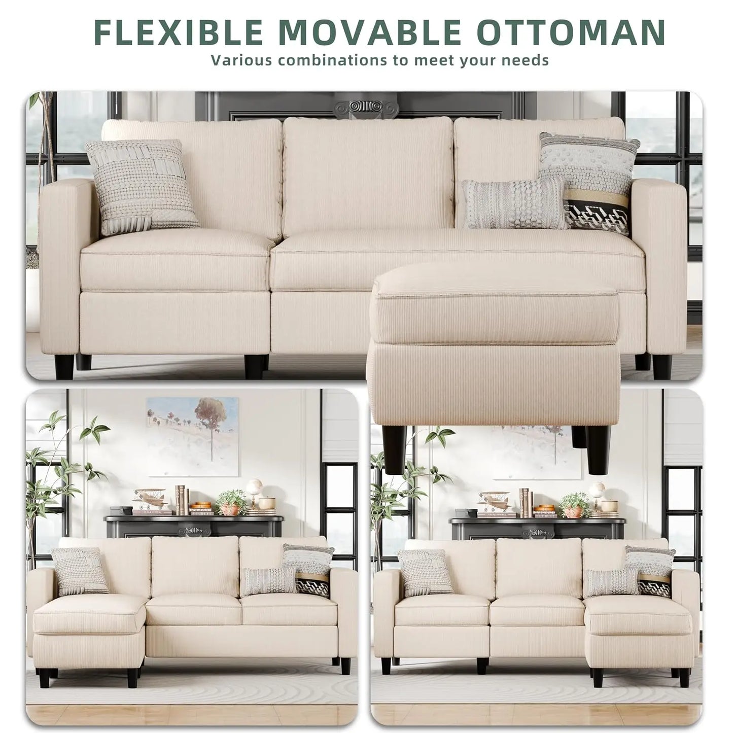Modular L Shaped Sectional Sofa With Movable Ottoman Deep Seat