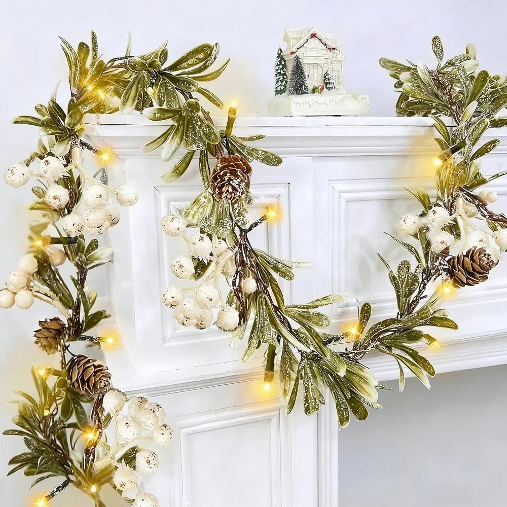 VKTECH Mistletoe Christmas Garland With Prelit Lights And Berry Accents