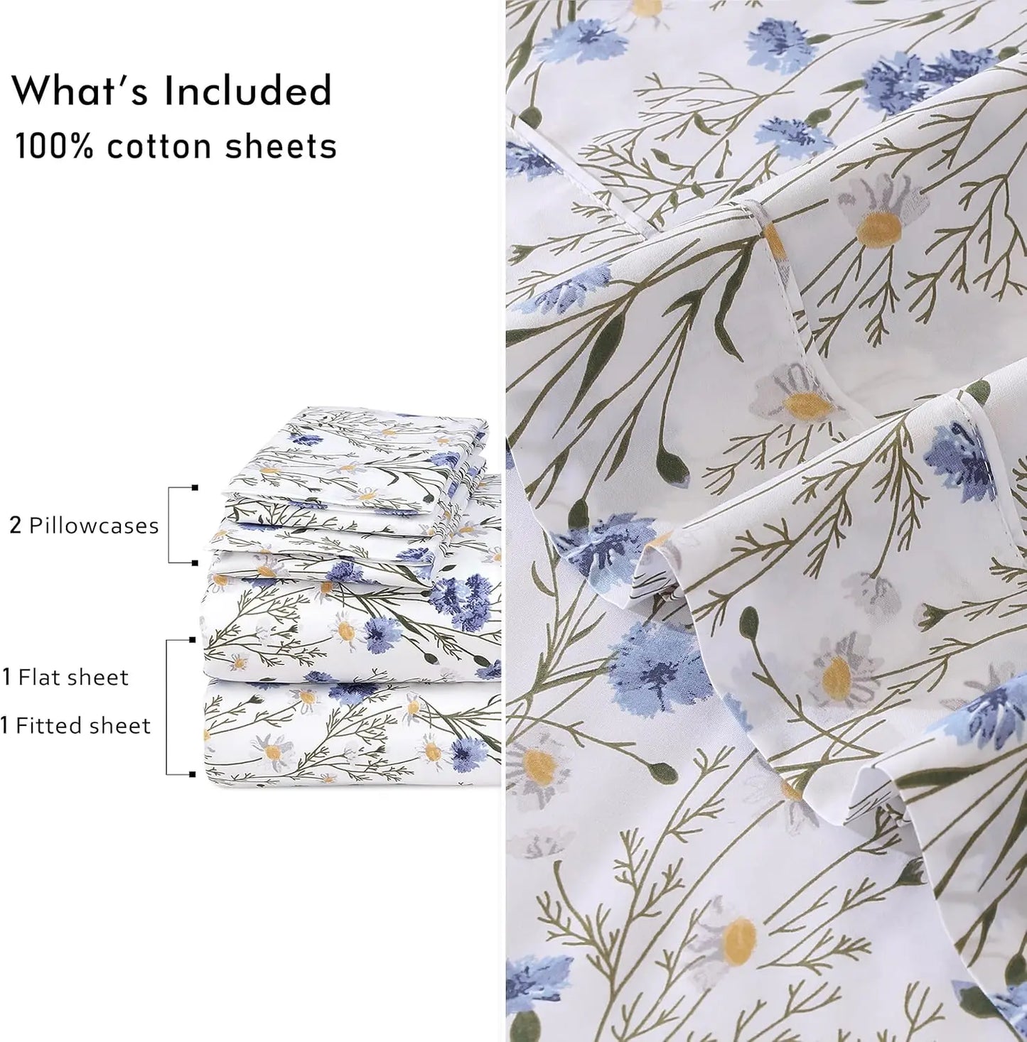 Cotton Percale Sheets Cooling Breathable Floral Design 4 Piece Set Deep Pocket