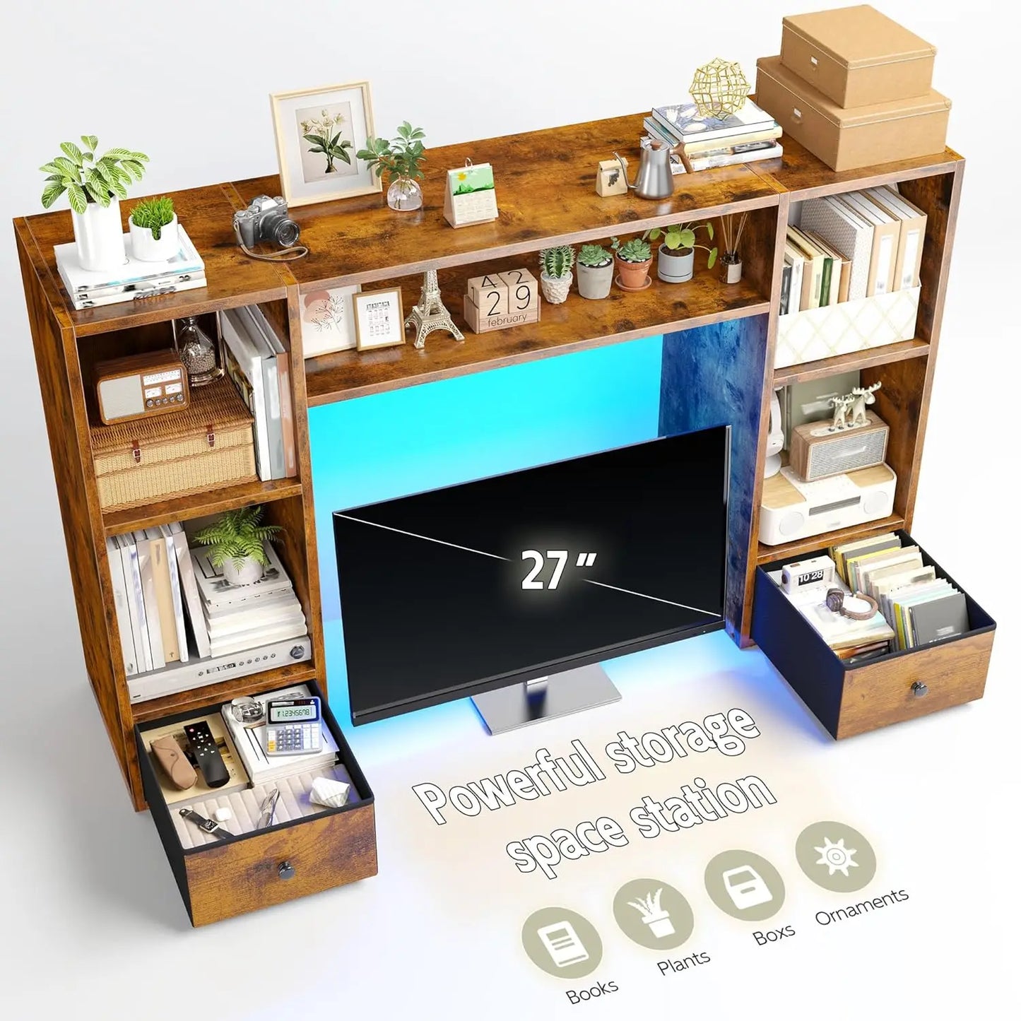 ZHILU Desktop Bookshelf With LED Lights For Desk Organizer