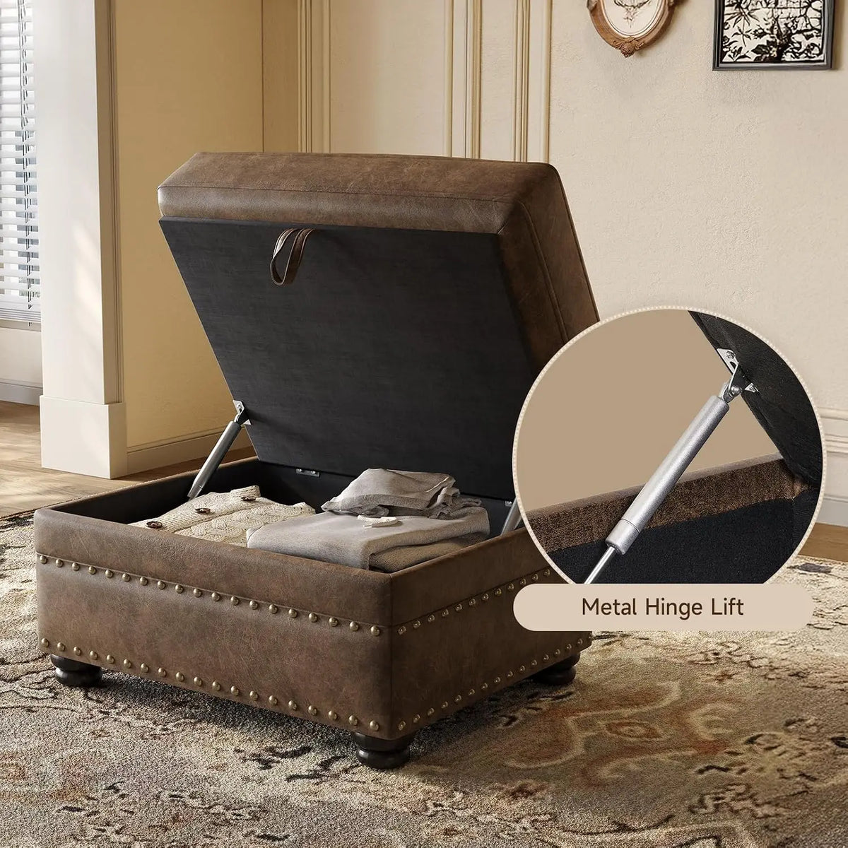 ONBRILL Faux Leather Storage Ottoman Lift Top Footstool with Hidden Storage