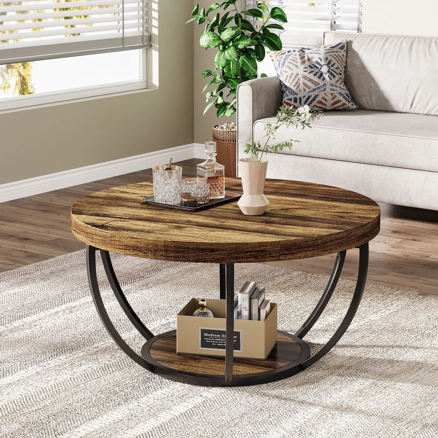 Tribesigns Round Coffee Table With Storage Shelves, Industrial Minimalist Wood