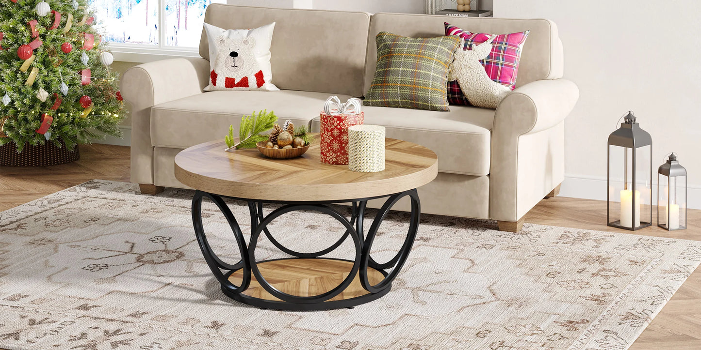 Tribesigns Round Coffee Table With Storage Shelves, Industrial Minimalist Wood