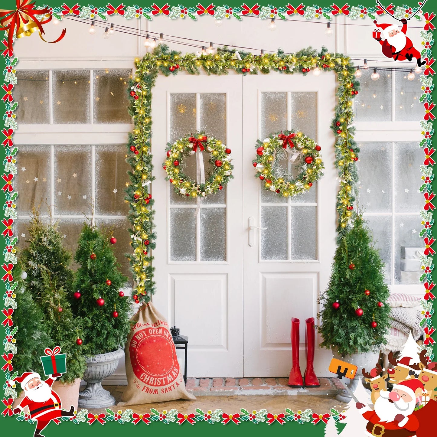 VKTECH Mistletoe Christmas Garland With Prelit Lights And Berry Accents