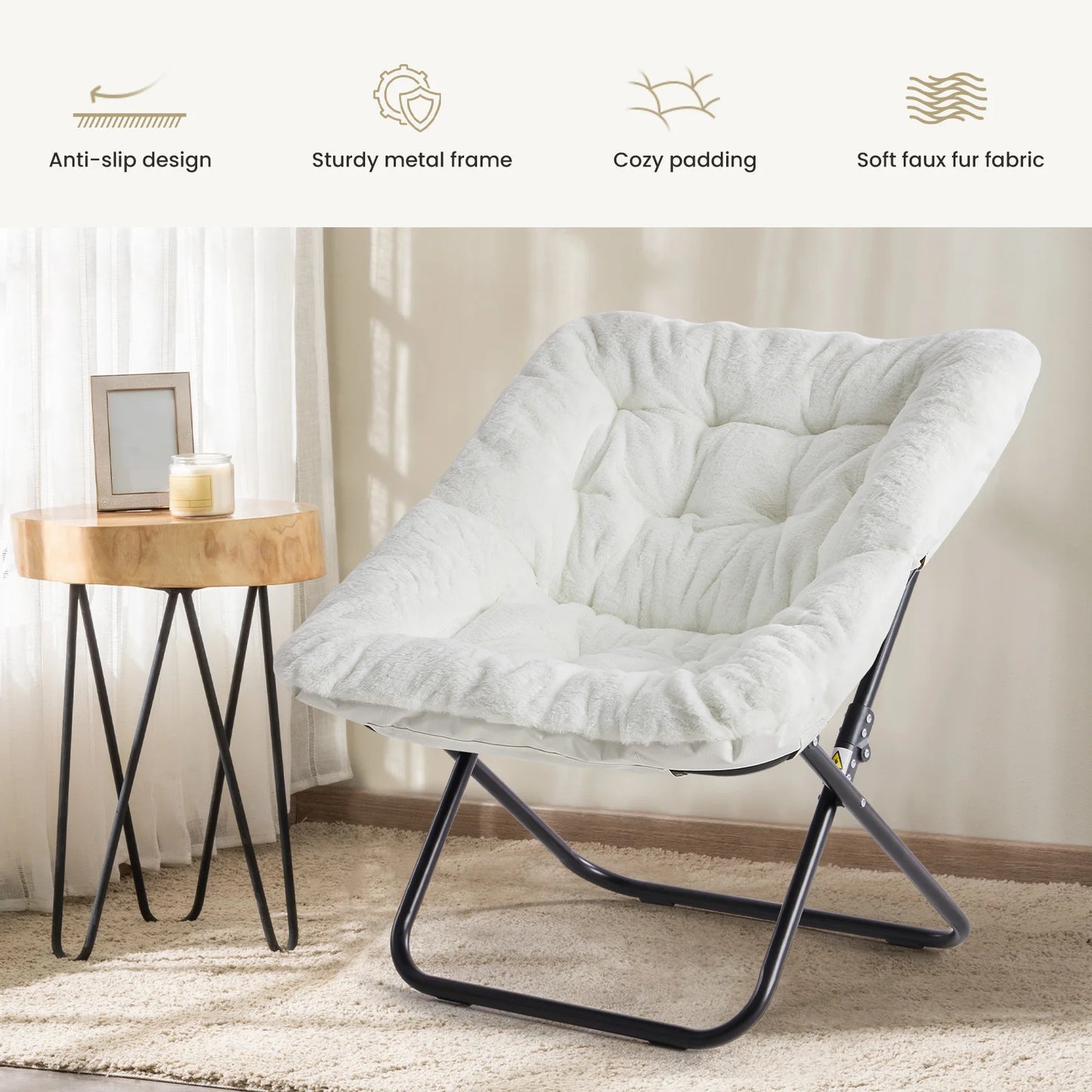 JHK Cozy Faux Fur Saucer Chair Folding Metal Frame